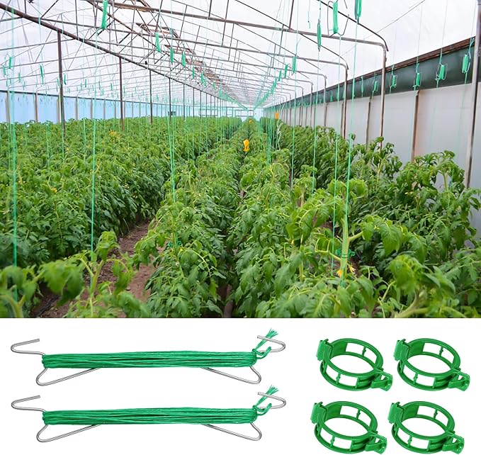 60Pcs Tomato Hooks with String with 33.3ft Twine & Tomato Clips, Tomato Holder Hooks to Prevent Tomatoes from Pinching or Falling Off（Green）