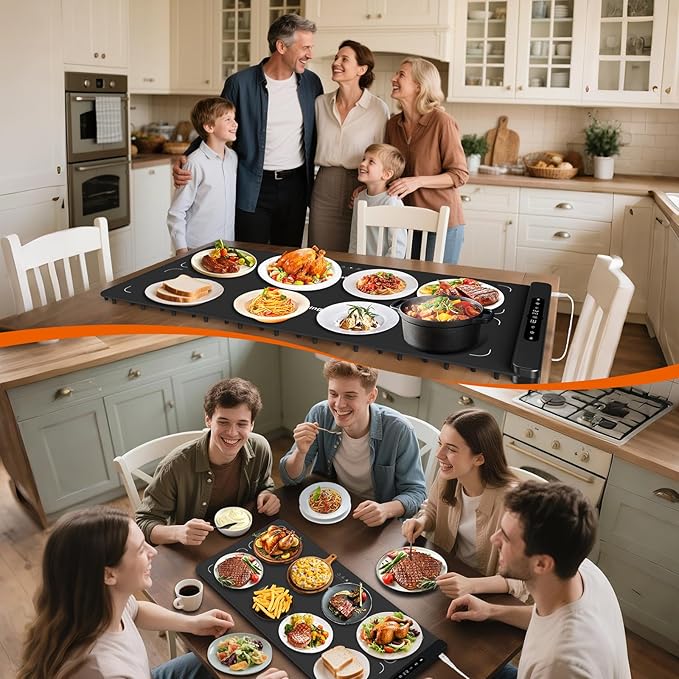 Graphene Warming Mat for Food, Dual-Zone Heating XXL 36”x17”, Food Warmer for Parties Buffets with 6 Temperature & Timer, Child Lock, Daily Use, Gift for Family, Mom, Black