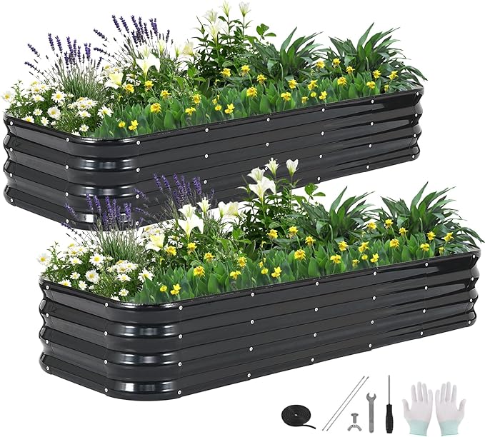4 in 1 Galvanized Raised Garden Bed - 6x2x1ft (2Packs) Modular Planter Box Outdoor | Metal Raised Bed Kit with Bracing Rods for Gardening Vegetables Flowers Fruits Herbs (Dark Grey)