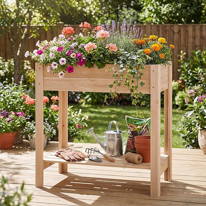 Giantex Wood Raised Garden Bed w/Lower Shelf, Planter Box with Legs for Flower Herb Vegetable Fruit, Indoor Outdoor Elevated Raised Beds for Gardening, Backyard, Patio, Balcony