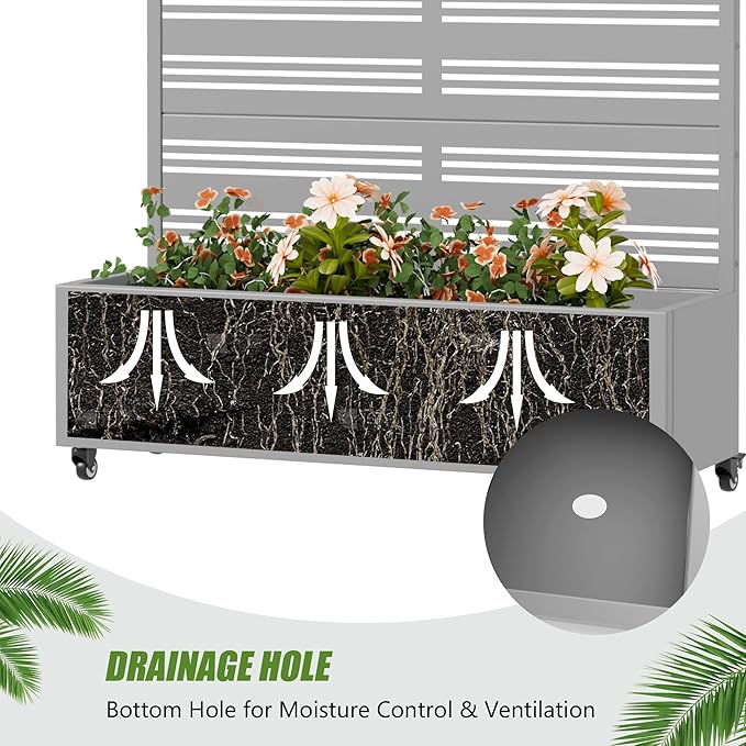 Casaphoria Metal Raised Garden Bed with Trellis and Wheels, 47"x47"x16" Planter Box for Climbing Plants, Vegetables & Vines, Features Drainage Holes and Privacy Screen, Grey-Harold
