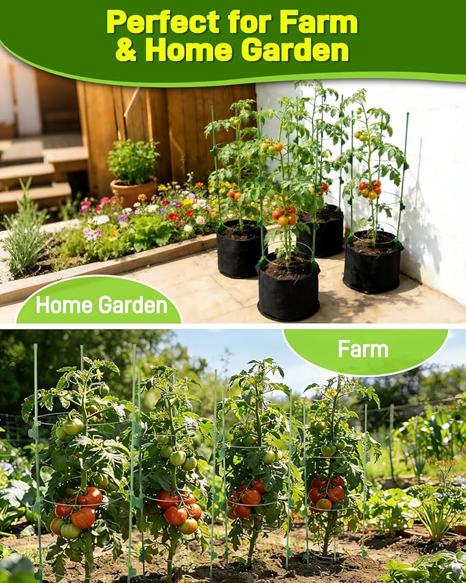 4 Pack Tomato Plant Cages, Adjustable Plant Support with Sliding Clips, 35.4 Inch Metal & Plastic Tomato Trellis for Garden Vegetables