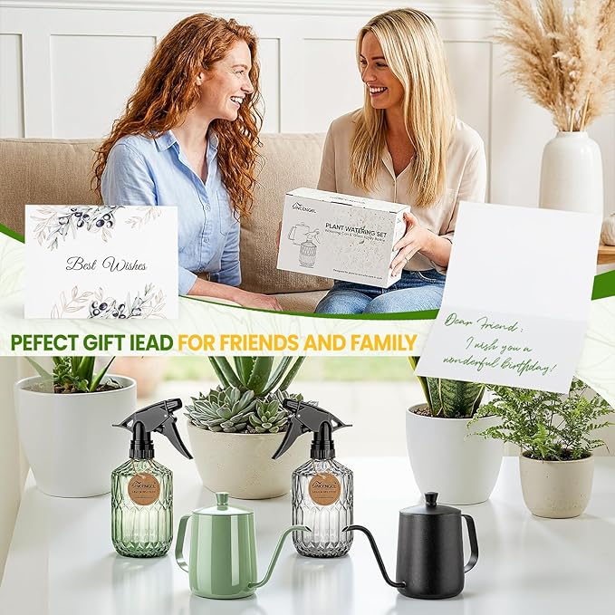 Watering Can for Indoor Plants, 20 oz Metal Small Plant Watering Can with Long Spout for House Plants, 13.5 oz Glass Plant Mister Spray Bottle for Bonsai Garden Flowers Decorative (Green)