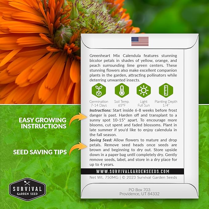 Greenheart Mix Calendula Seeds for Planting – Rare Heirloom Pot Marigold with Unique Green-Centered Blooms – Edible Flowers, Medicinal Herb, Pollinator Friendly – Survival Garden Seeds (1 Pack)