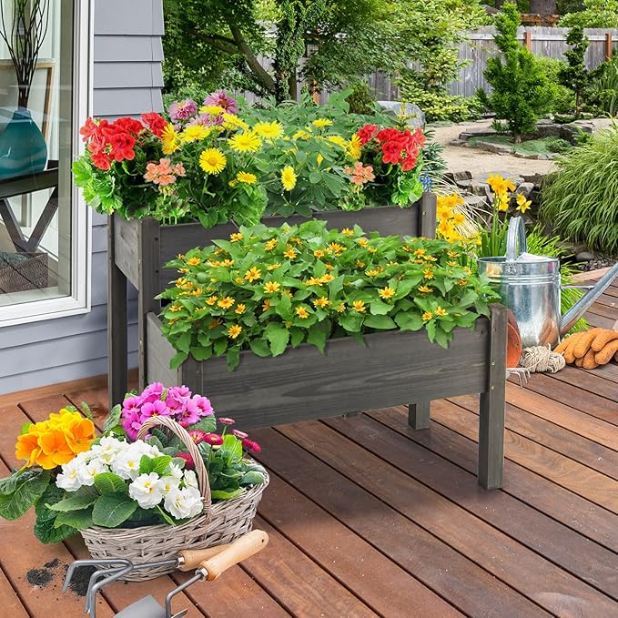 RELAX4LIFE 2-Tier Raised Garden Bed - Fir Wood Garden Elevated Planter Box with Legs, 8 Drainage Holes,220 Capacity for Growing Vegetable, Elevated Garden Bed for Outdoor Yard Patio Balcony (Gray)