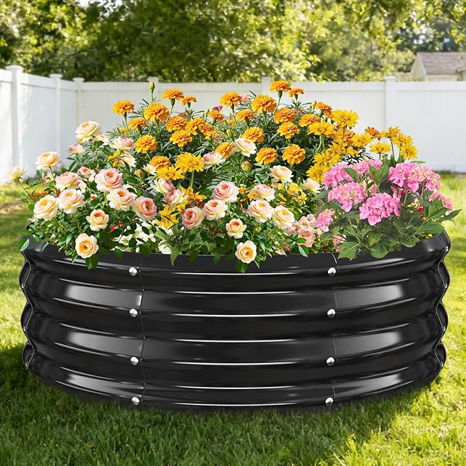 12 Inch Tall Heavy-Duty Round Steel Rised Garden Bed – Wave-Shaped Design Galvanized Metal Planter Box for Vegetables Flowers Succulent at Patio/Garden Outdoor (Black, 36" Diameter)