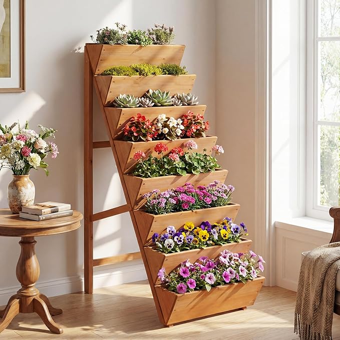 HAPPYGRILL Vertical Raised Garden Bed, Freestanding Wood Elevated Planter Box w/Legs for Growing Vegetables Flowers Herbs, Indoor Outdoor Tiered Plant Stand for Patio Yard Balcony Corner (1,8-Tier)