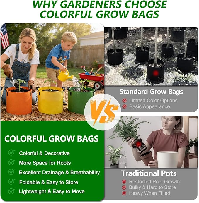 Grow Bags, 7 Pack Colorful 5 Gallon Grow Bags, Reusable Fabric Grow Bags, Foldable & Washable for Vegetables, Tomato Pots, Garden & Outdoor Growing