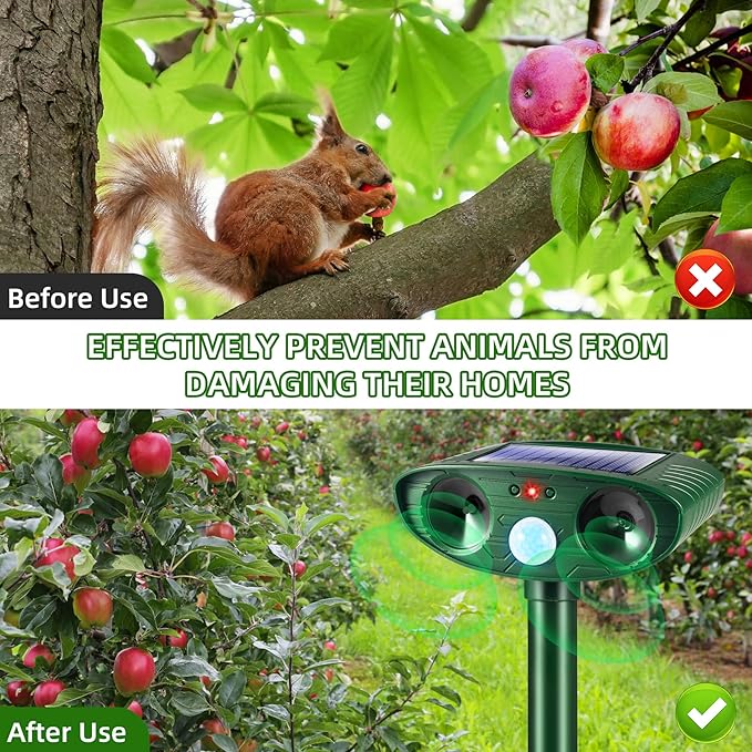 Upgraded Solar Ultrasonic Animal Repellent Outdoor Motion Activated Cat Deer Repellent for Yard Garden, 2 Pack Raccoon Opossum Dog Deterrent Effective Sqiuirrel Rabbit Skunk Repeller