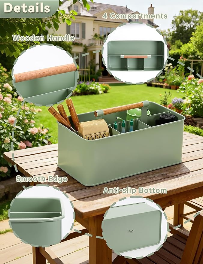 Garden Tool Organizer with Wooden Handle, Metal Garden Caddy with 4 Compartments, Gardening Tool Basket Cleaning Organizer Caddy for Indoor & Outdoor