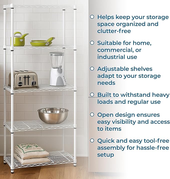 Honey-Can-Do 5-Tier Heavy Duty Adjustable Shelving Unit, 200-lb Per Shelf Metal Storage Rack, White Wire Shelf for Laundry Room Kitchen Craft Room, 36 x 14 x 72 in