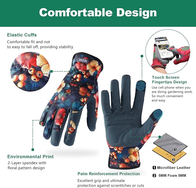 Gardening Gloves for Women, Flexible Breathable Garden Gloves, Leather Working Gloves for Weeding, Digging and Pruning (Flowers and Berries, Medium)