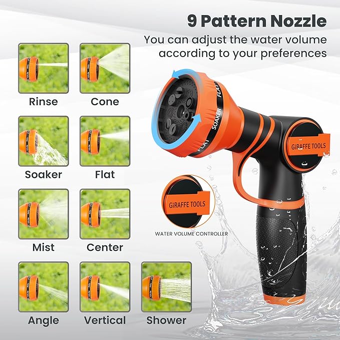 Giraffe Tools Retractable Hose Reel 1/2" x 65 ft Heavy Duty Water Hose Reel, Swivel Bracket, Any Length Lock, with 9-Function Sprayer Nozzle