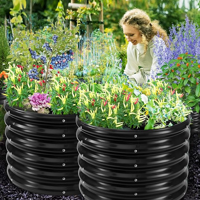 17" Tall Round Outdoor Garden Raised Garden Bed Kits-0.8MM Thick Metal Raised Planter Bed/Ground Planter Box for Variety of Flowers,Herbs,Vegetables,Trees (Black, 24 Dia X 16.5 inches)