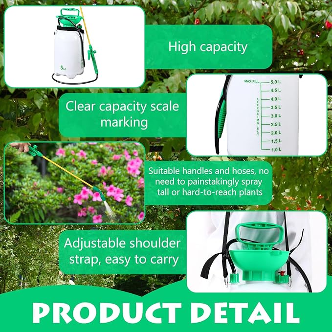 Honeydak 1.3 Gallon 5L Garden Pump Pressure Sprayer Watering Can Device for Watering Hanging Plant Basket Hard to Reach Pump Sprayer for Weeds, Lawn Care & Pesticides (Green)