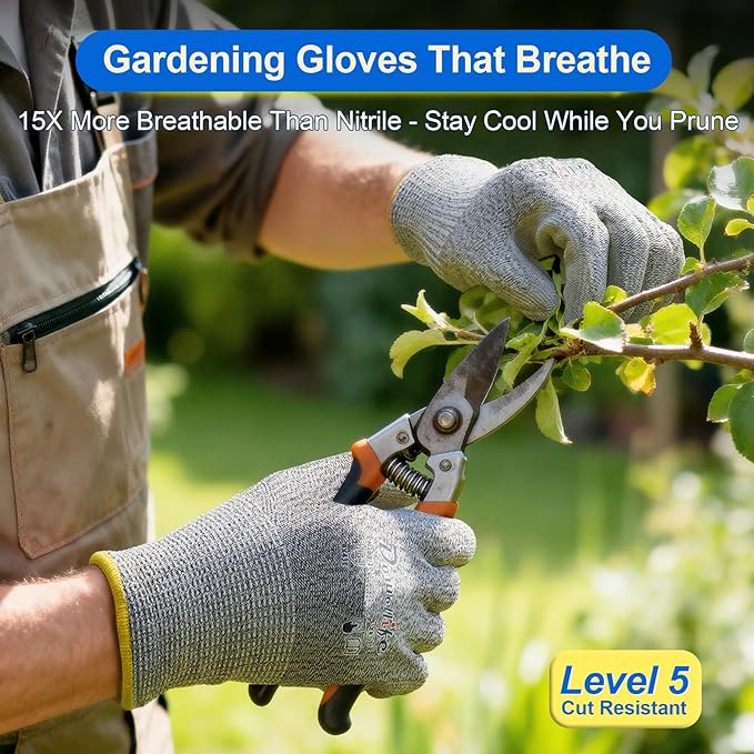 Dowellife 12 Pairs Level 5 Cut Resistant Work Gloves for Men and Women, PU Coated Breathable Gardening Gloves, Thin Flexible and Firm Grip for Mechanics and Fishing (Medium, Grey)