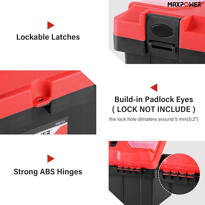 MAXPOWER 17 inch Tool Box, Small Plastic Toolbox with Handle, Removable Tray and Lockable Latches