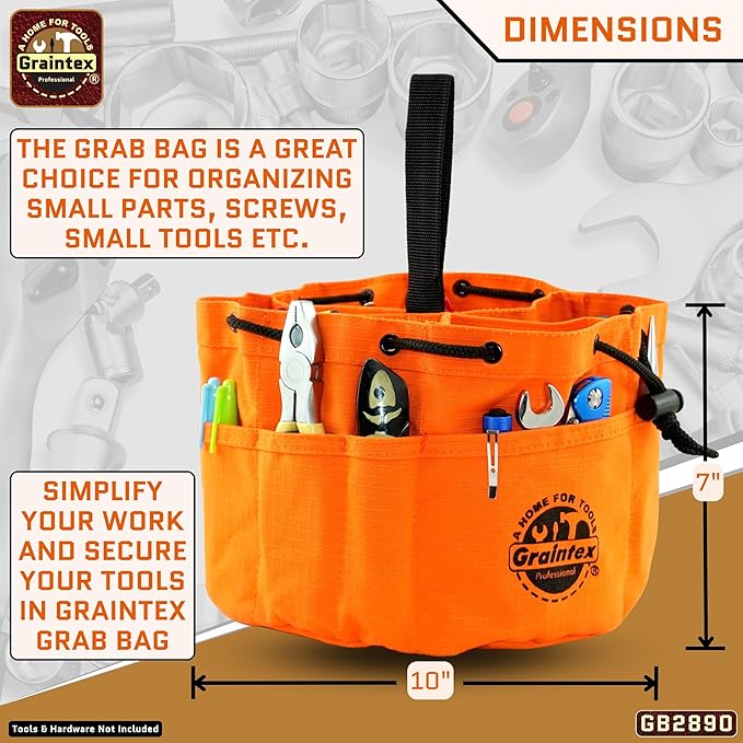 Graintex 18 Pockets Grab Bag Rip-stop Canvas Drawstring Closure, Small Part Organizer Pouch, Small Tools, Screws, Parts, Parachute Tool Bag for Efficient Storage - Orange