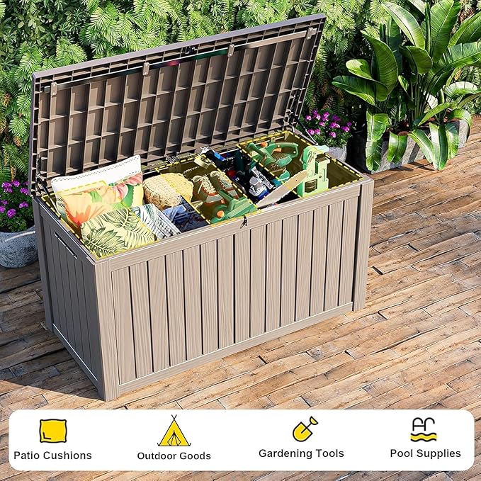 Vixzen 90 Gallon Resin Deck Box, Lockable Outdoor Storage Box for Patio Cushions Storage Furniture,Garden Tools, Pool Supplies, Weatherproof and UV Resistant（Grey，90 Gallon）