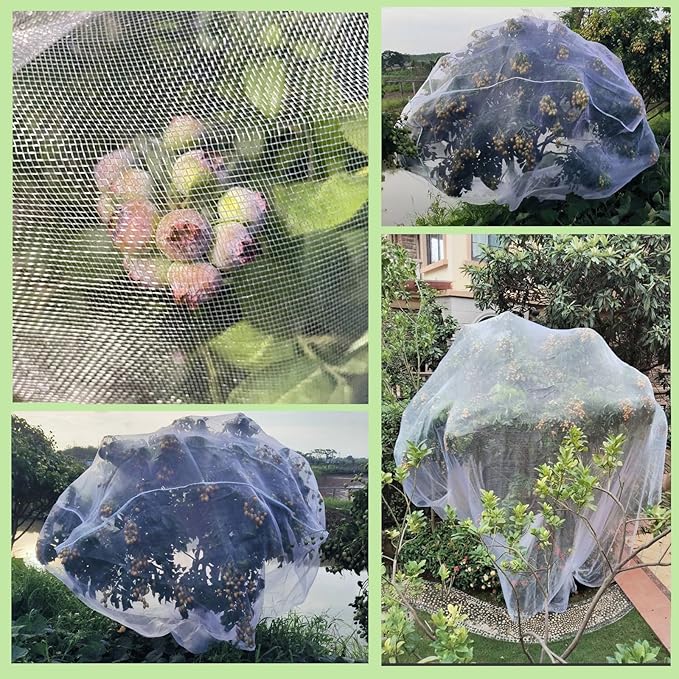 Fruit Tree Netting Cover with Drawstring, 2 Pack 4.9x6.2 ft Bird Barrier Mesh for Blueberry Bushes/Vegetables, Bonus 4 Owl Scare Tapes & 2 Fastening Straps