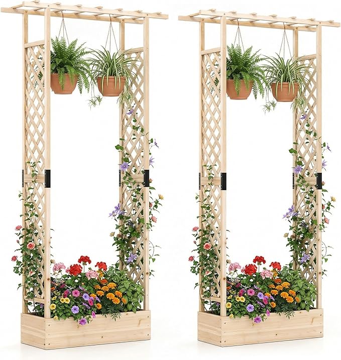 Giantex Wooden Raised Garden Bed with Trellis & Hanging Roof, 2 Pack Fir Wood Planter Box, 89” Freestanding Elevated Garden Bed for Outdoor Climbing Plants Vegetables Flowers, Patio & Balcony, Natural