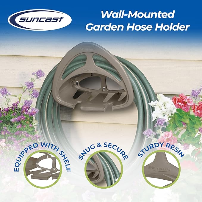 Suncast Hangout HH150 Outdoor Wall Mounted Durable Resin Garden Hose Holder with Accessories Shelf, Designed for 150 Foot Garden Hoses, Taupe, 2 Pack