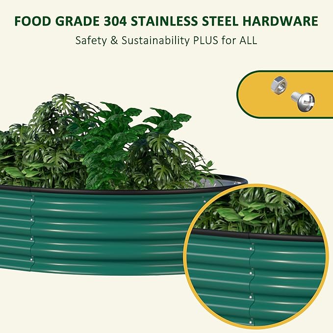 MUPATER 8x2FT Outdoor Raised Garden Bed, 9-in-1 Galvanized Metal Planter Box for Vegetables, 11.1'' H Modular Garden Bed Kit Oval for Herbs and Flowers, Green