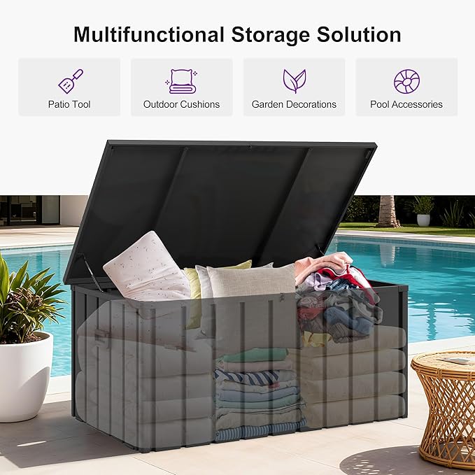 PURPLE LEAF Outdoor Deck Box 100 Gallon Waterproof Lockable Storage Box Container with Lid Deck Organization for Patio Cushions Side Table Pool Accessories Garden Tools, Gray