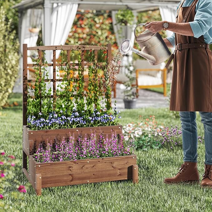 Giantex Raised Garden Bed with Legs and Trellis, 2-Tier Standing Planter Box with Drain Holes, Outdoor Elevated Garden Trellis for Vine Climbing, Flower Vegetable Fruit Herb Growing, Rustic Brown