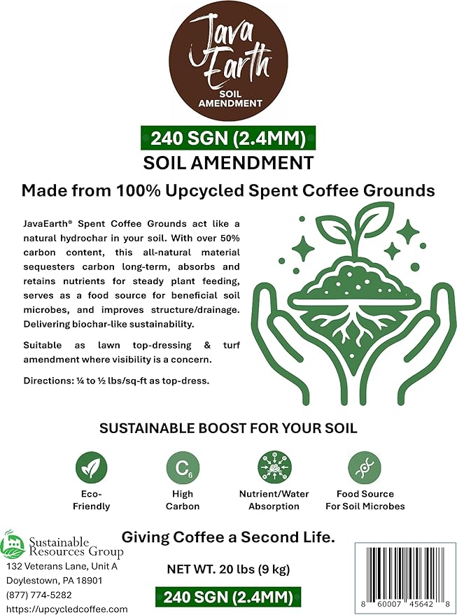 240 SGN (2.4MM) - JavaEarth® Soil Amendment, Upcycled Spent Coffee Grounds, 20 lbs