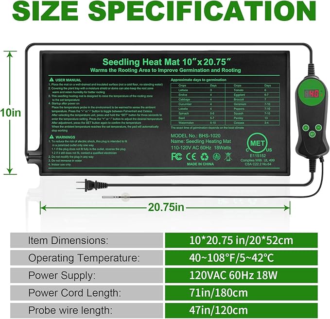 Seedling Heat Mat with Thermostat Pack of 2, Dual Certified by MET and UL Plant Heating Mat Pad Equipped with A Temperature Probe, It Automatically Maintains A Constant Temperature