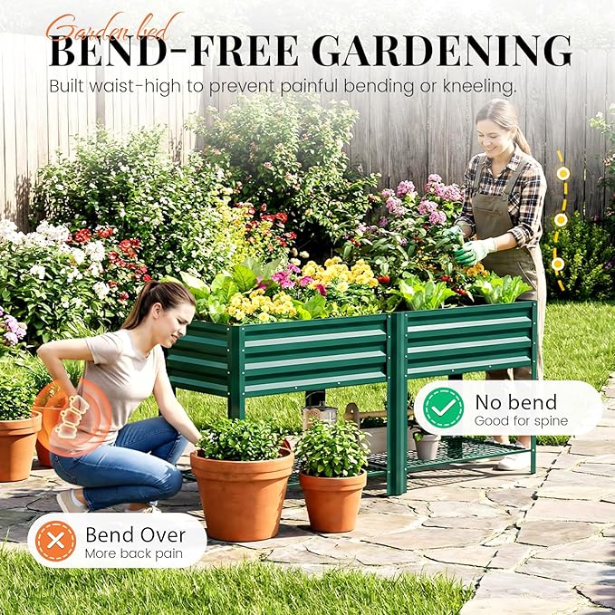 KING BIRD Large Raised Garden Bed with Legs & Storage Shelf Galvanized Elevated Planter Box for Backyard, Patio, Balcony, 600lb Capacity, Green 70.9x22.8x31.5 in