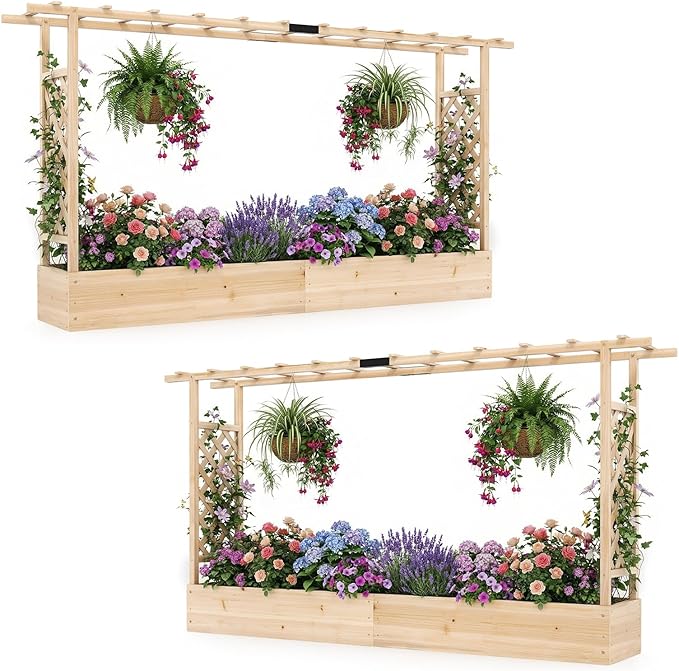 S AFSTAR Raised Garden Bed with Trellis, 2 Pieces Fir Wood Planter Box with Flat Roof & Drainage Holes, Vertical Planter Raised Bed for Climbing Plants, Flowers & Vegetables, 87" x 14" x 45" (Natural)