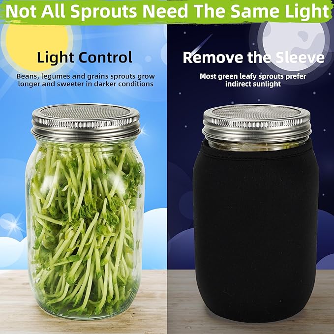 Sprouting Jar Kit Seed Sprouter Set for Growing Broccoli, Alfalfa, Mung Bea, Premium Stainless Steel Screen Sprout Lids, 2 Wide Mouth Mason Jars, Blackout Sleeves, Tray, Stand and Canning Brush