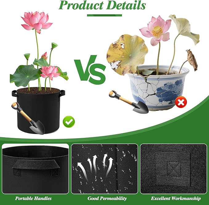 2 Gallon Lily Plant Pots for Pond, 6 Pack Aquatic Planter Thickened Fabric Felt Pots with Handles, Durable Breathe Reusable Plant Grow Bag for Aquatic Plants, Flower, Carrot, Potato, Tomota