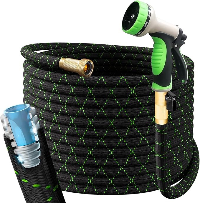 PowerFlow Garden Hose, NON-EXPANDABLE 75 Feet Premium Quality Stainless Steel Metal Water Hose with Durable Fabric Skin, Hose For Commercial, Residential Use, Bonus 10-way Spray Nozzle (75 Ft, Black)