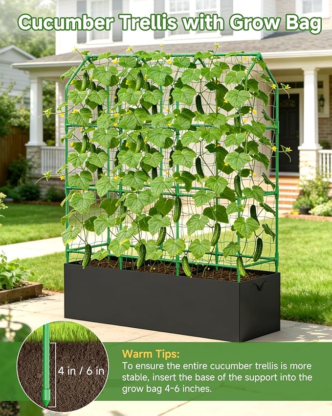 Cucumber Trellis with Grow Bag for Raised Bed, A-Shape Garden Trellis for Climbing Plants Outdoor, Metal Plant Trellis with Garden Netting for Flower Vegetables, Pea, Grape (50 * 17 * 65inch(L*W*H)