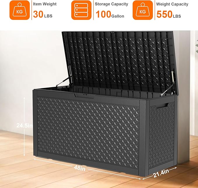 Vixzen 100 Gallon Waterproof Deck Box – Outdoor Storage Organizer for Patio & Garden（Black，100 Gallon）