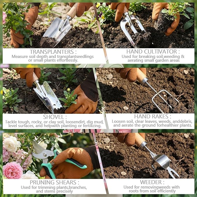Chumia 9 Piece Pink Gardening Tools for Women Mothers Garden Gifts Pink Bow Gardening Set Stainless Steel Heavy Duty Garden Tools Kit with Organizer Bag Ergonomic Wooden Handle for Gardeners Beginner