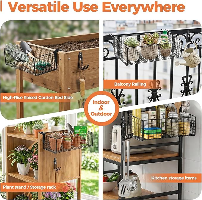 Metal Raised Garden Bed Hanging Storage Basket Includes Hooks, 15.6 x 5.8 x 3.8in Flower Bed Clip-On Hanging Organizer Basket for Raised Garden Beds Kit for Gardening Tools & Supplies