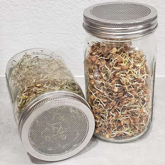 2 Pack ONE-PIECE 316 Stainless Steel One-Piece Sprouting Lids for Regular Mouth Mason Jar Ball Kerr - Strainer lids - Rust-Proof, BPA-free