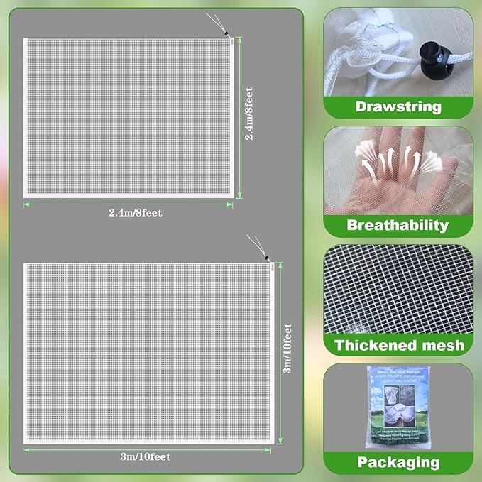 Large Fruit Tree Netting, 2 Pack 10x10Ft Garden Netting Pest Barrier Mesh Covers Bags with Zipper and Drawstring Insect Bird Cover Netting Plant Protection Covers for Vegetables Bushes