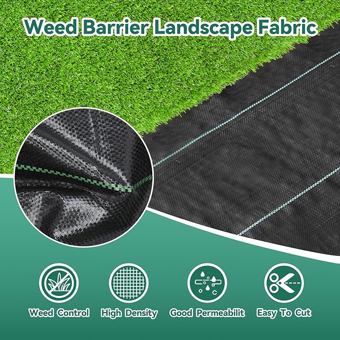 4ftx100ft Landscape Fabric, Weed Barrier Fabric Heavy Duty 3.2oz, Woven Geotextile Weed Blocker Landscaping Fabric, Garden Ground Cover Weed Control Mat with 20 Staples (2 Pack 4x50ft)