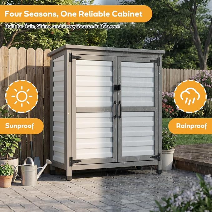 PetsCosset Outdoor Storage Cabinet with Lockable Doors, Wood & Plastic Horizontal Garden Patio Storage Box for Tools Toys Pool Accessories, Easy to Assemble, White