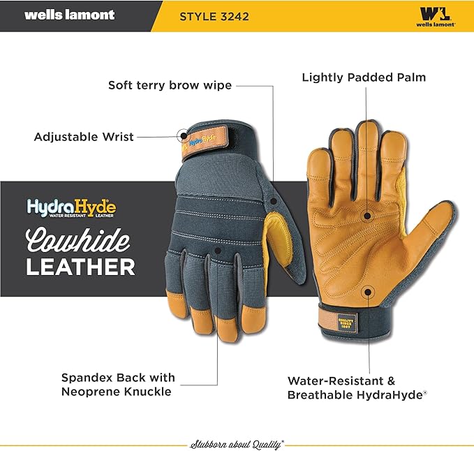 Wells Lamont Men's HydraHyde Work Gloves – Cowhide Leather, Reinforced Fingertips for Durability – Adjustable Velcro Wrist – Ideal for Gardening, Landscaping, Lawn Care – Navy - XL