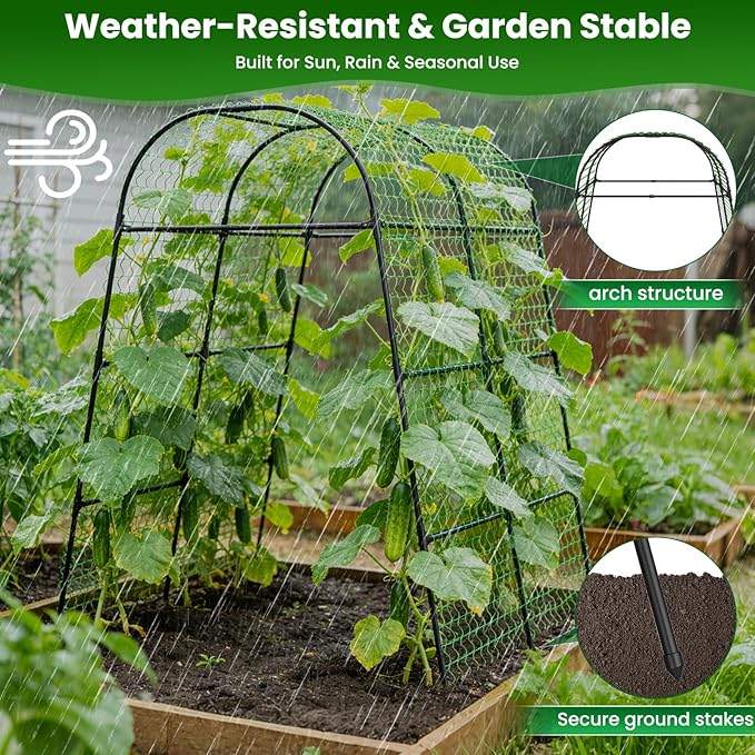 7.2FT Garden Arch Trellis for Climbing Plants, Heavy Duty 66" Wide Walk-Through Metal Arch with Netting, Wind-Resistant Vertical Garden Support for Cucumbers, Roses, Beans, Squash (65" Arch)