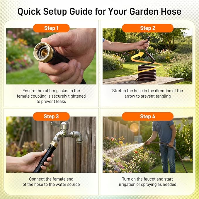Garden Hose, 75ft 5/8" Heavy Duty Rubber Water Hose, 550 PSI Burst, 360° Anti-Kink Swivel Connectors, All-Weather Flexible, Leakproof 3/4" Brass Male to Female Fittings