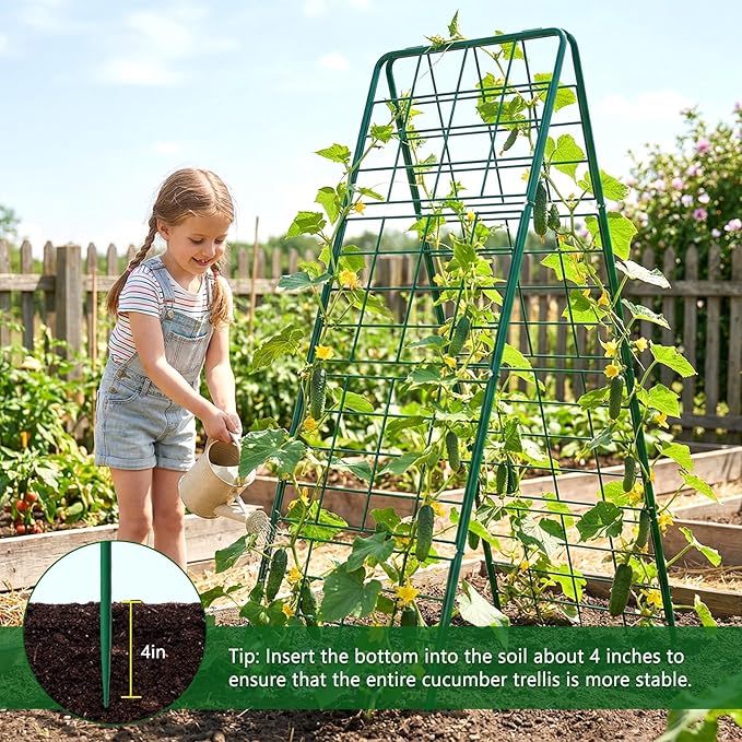 2 Pack Cucumber Trellis, 59" High Foldable A-Frame Garden Trellis for Raised Bed Garden Grow Support with Plant Support Clips Ties for Cucumber,Tomato, Climbing Plants and Flowers