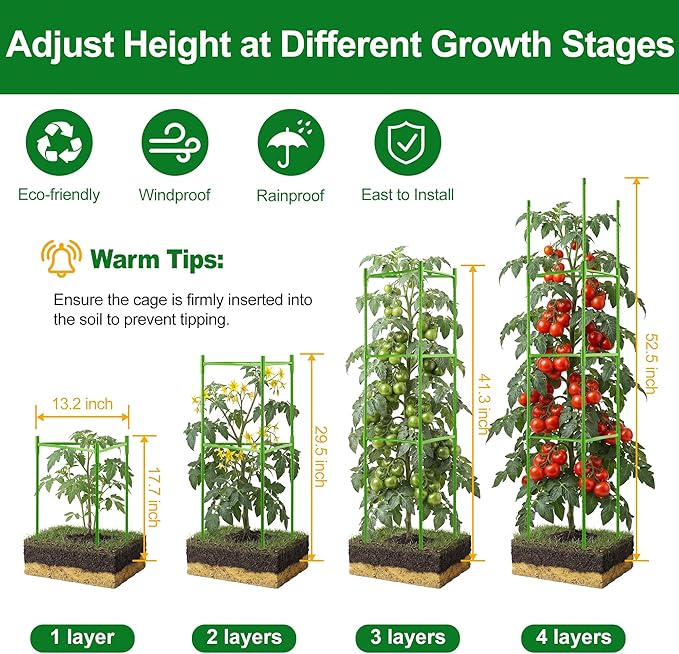 WAENLIR 6-Pack Tomato Cage for Garden, Up to 51 Inch Tomato Trellis for Raised Garden Bed, Plant Stakes for Pots, Durable Tomato Plant Support Garden Stakes for Climbing Plants (Green, 51 inch 6 Pack)