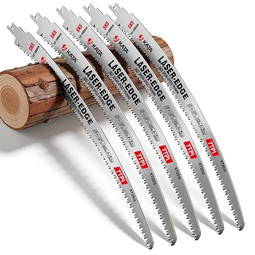 KATA Wood Pruning Reciprocating Saw Blades 15 Inch, Arc Edge SK5 Japanese Teeth Pruning Saw Blade for Cordless Saw, 7TPI Fleam Ground Teeth Curved Blades for Tree Trimming, Wood Cutting, 5-Pack